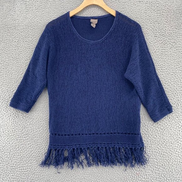 Chicos Sweater Womens 1 US Medium Navy Easywear Stretch Knit Tasseled Pullover - Picture 1 of 10